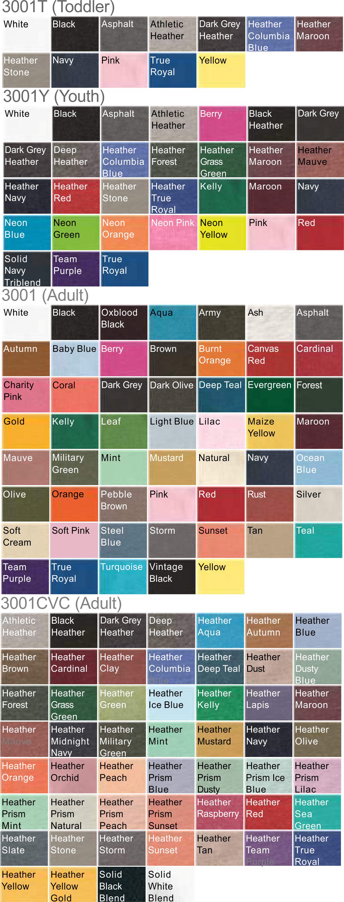 Bella Canvas Color Chart 3001