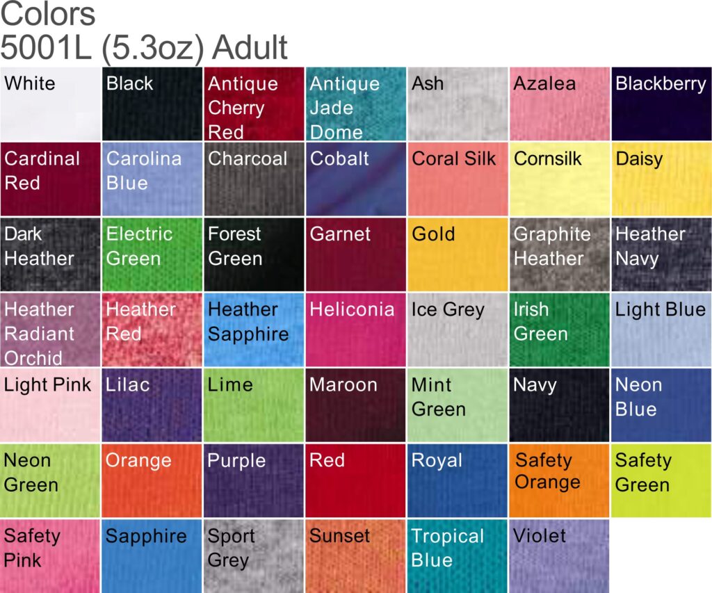 Gildan 8000 Color Chart