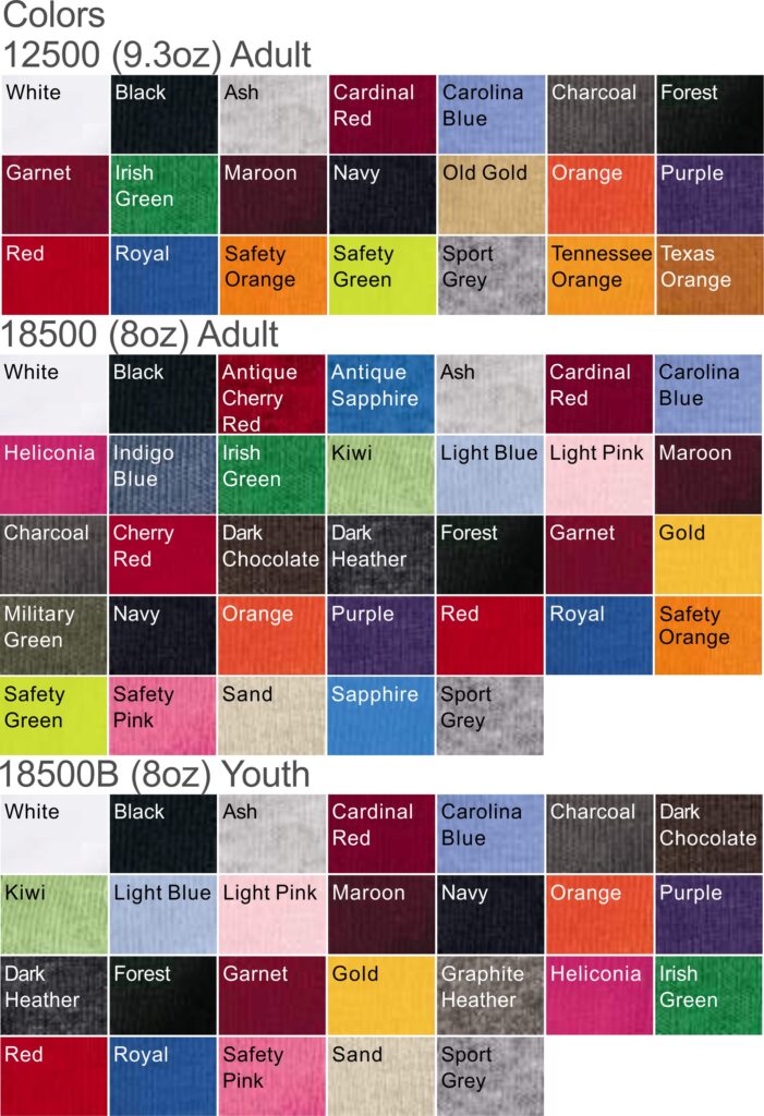 Gildan Color Chart Hoodies