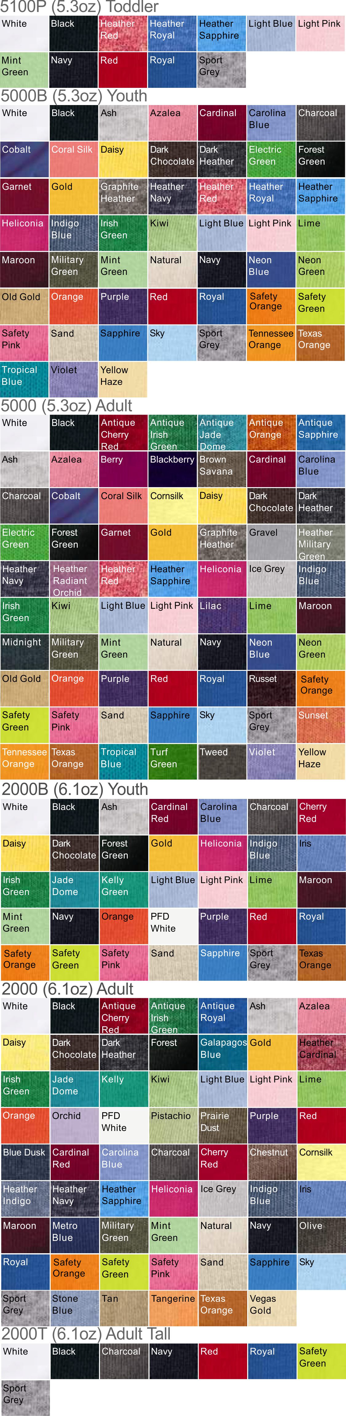 Gildan 2000b Color Chart